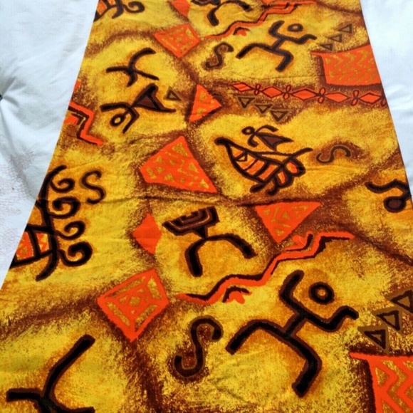 Ethnic Print Fabric 70's Colors Orange Yellow Brown 2 yds x 44" Pictographs - Picture 1 of 6